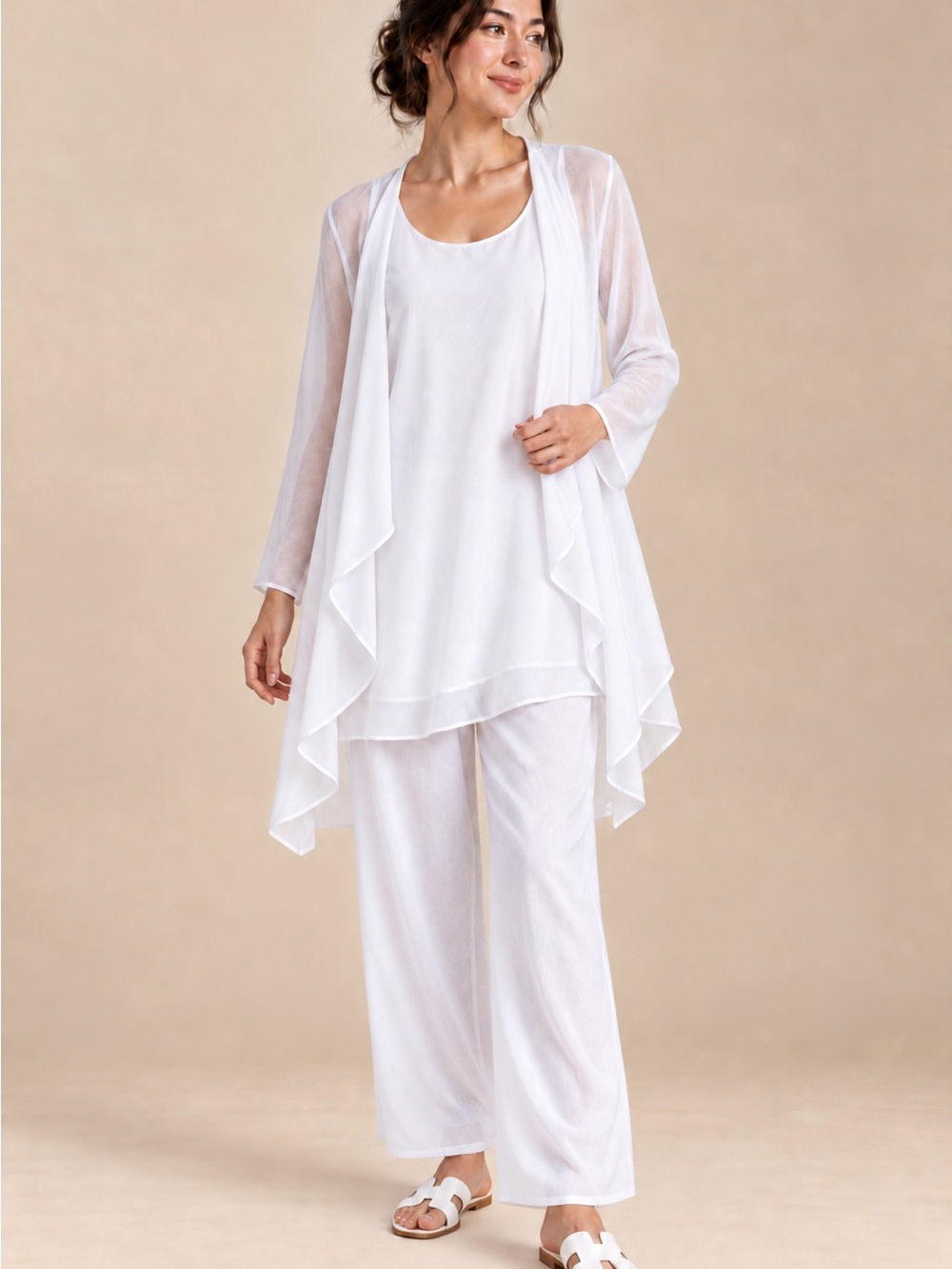 White 3-Piece Sleep & Lounge Set with Draped Cardigan